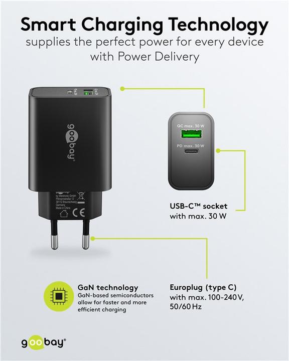 Immagine prodotto Goobay USB-C PD GaN Dual-Schnellladegerät 30 W schwarz (30 W, 2 porte)