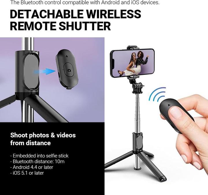 Produktbild Crong SelfieGo Lite – Kompaktes Bluetooth-Selfie-Stick-Stativ (schwarz) (Kunststoff)