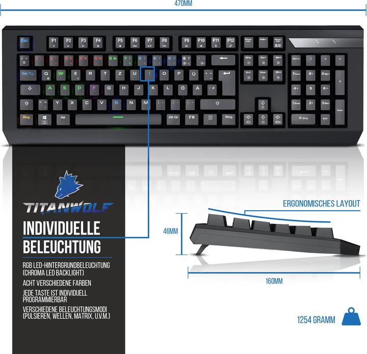Produktbild Titanwolf Gaming Tastatur mechanische Tastatur „Imperial“ Deutsches-Layout / RGB LED Beleuchtung (Deutschland, Kabelgebunden)