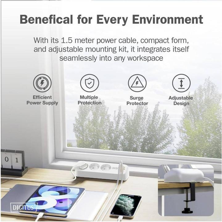 Productafbeelding Digitus 3-fach Office-Steckdosenleiste mit 2x USB-A und 1x USB-C Anschlüssen, Weiss (3x, CEE 7/3, USB-A, USB-C, 1.50 m)