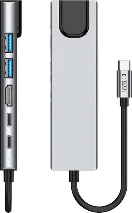 Produktbild Tech-Protect HB02 HUB Adapter 6in1 USB-C + USB2.0 + USB3.0 + HDMI 4K 30Hz + RJ45 + PD100W - gray (USB-C, 6 Ports)