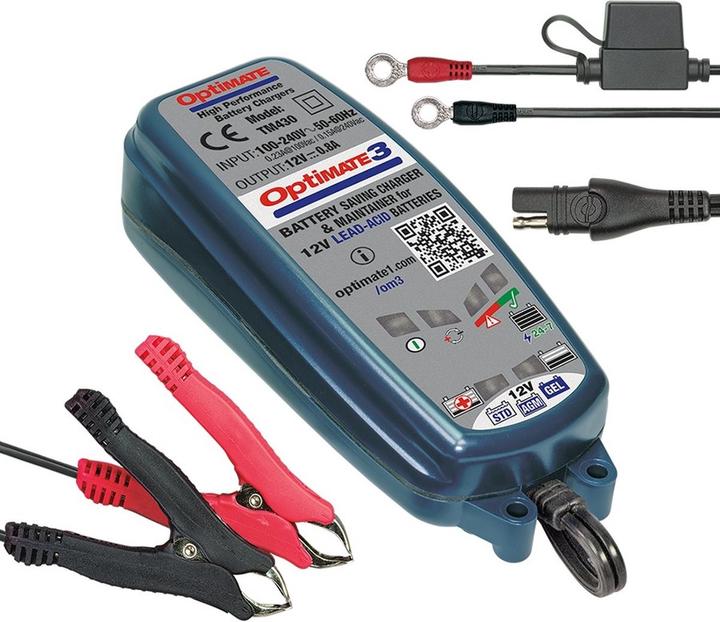 Tecmate Optimate 3 Druppellader 0,8A - 12V Acculader Druppellader voor Scooter / Motor (12V, 0.80 A)