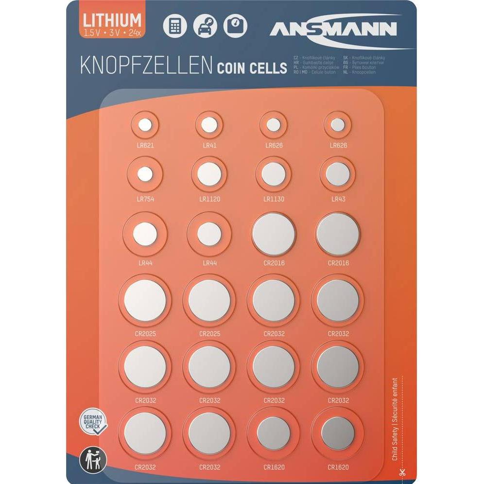 Ansmann Knopfzellen (24 Stk., LR43, LR44, AG8, A10, CR2032, CR2016, AG10, AG4, LR621, LR754, LR41, LR48, CR1620, CR2025) (1516-0215)