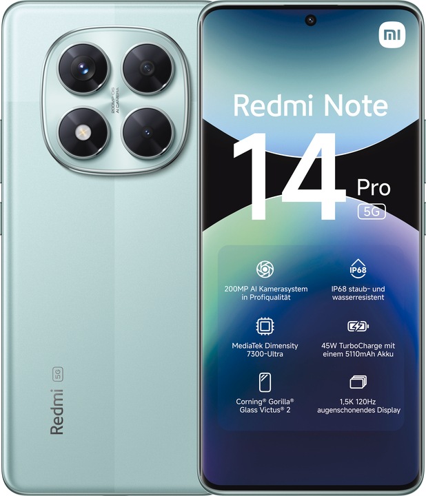 Produktbild Xiaomi Redmi Note 14 Pro 5G (256 GB, Coral Green, 6.67", Dual SIM, 200 Mpx, 5G)