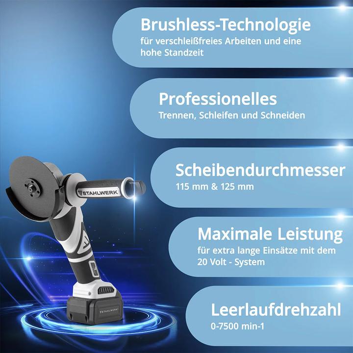 Produktbild Stahlwerk Brushless Akku Winkelschleifer  AWS-20 ST 20V/4Ah, 0 - 7500 min-1 (125 mm)