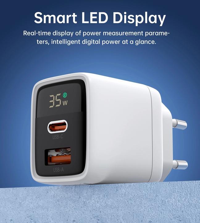Produktbild Choetech PD6052 USB-C USB-A PD 35W GaN Wandladegerät mit Display – Weiss (35 W, 2 Ports)