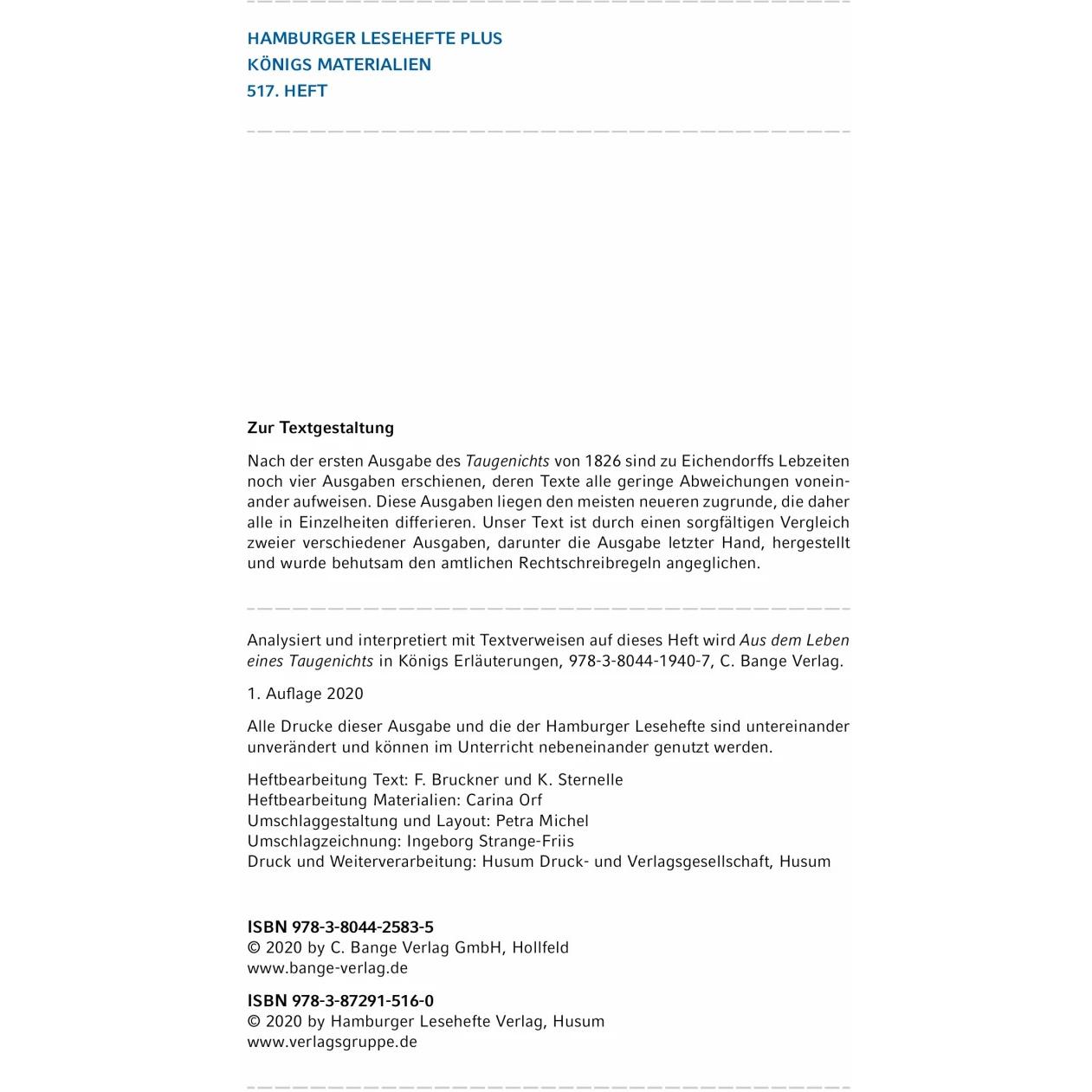 Thumbnail - Hamburger Lesehefte Plus - Joseph von Eichendorff: Aus dem Leben eines Taugenichts, Schulbücher von Bange Verlag