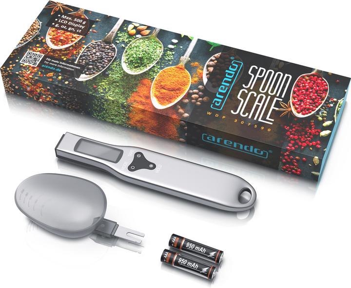 Produktbild Arendo Löffelwaage Feinwaage digital, 0,1 g, 1–500 g, LCD-Anzeige, Einheiten g oz gn ct, abnehmbarer Löffel