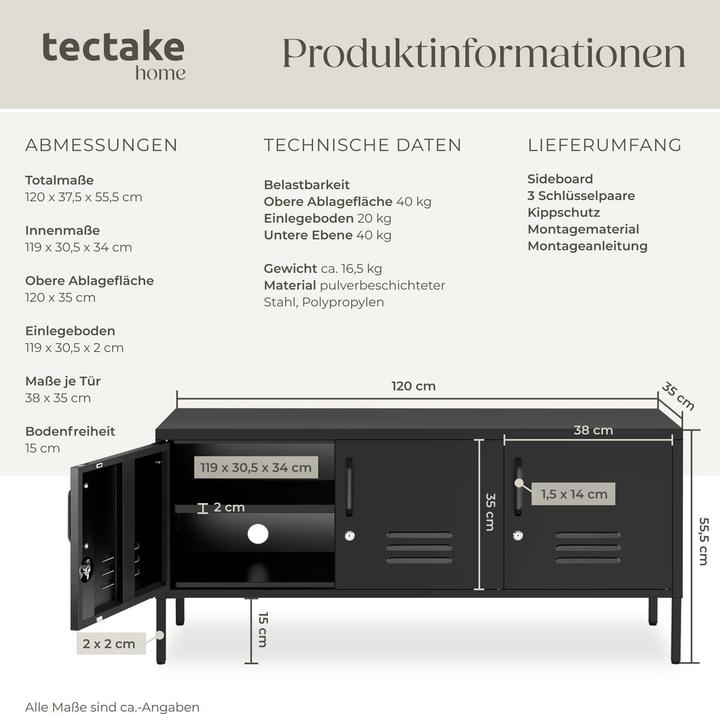 Image du produit tectake buffet (120 x 37.50 x 55.50 cm)