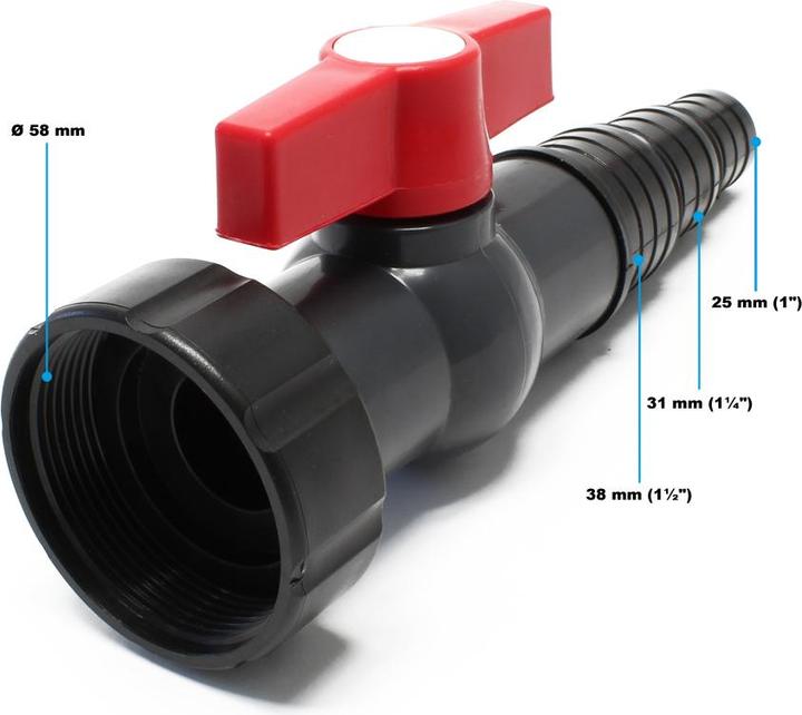 Actual product image SunSun Isolation Ball Valve with Stepped Hose Adaptor for 25/31/38mm and Ring Nut ⌀58mm