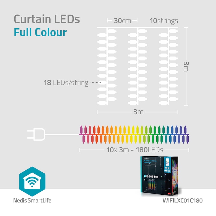Image du produit Nedis LED décoratives SmartLife | Wi-Fi | RGB | 180 LED | 3 m | Android™ / IOS (0.20 m)