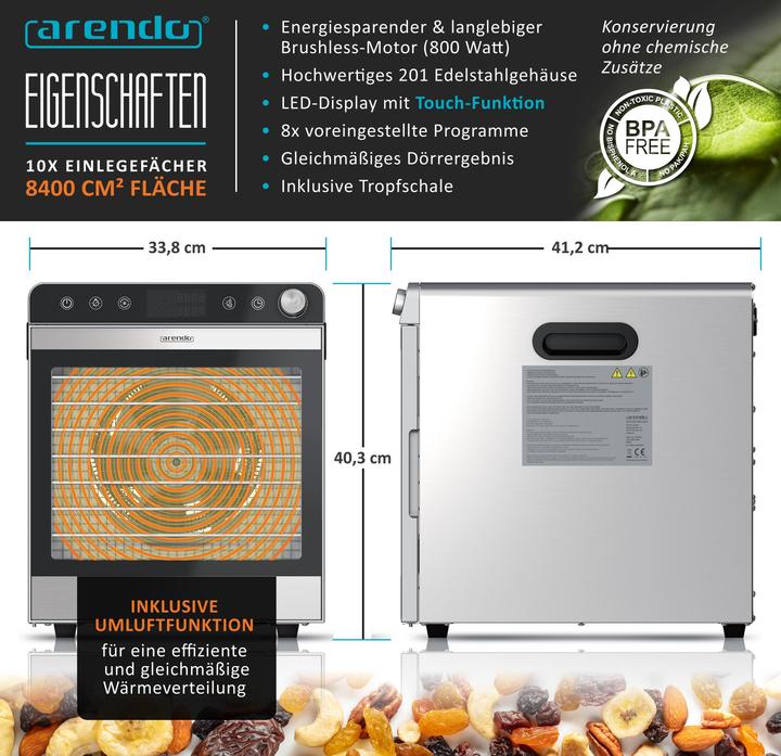 Produktbild Arendo Dörrautomat Edelstahl, Temperaturregler von 30° bis 90 °C, Dörrgerät, Dehydrator 800 W, 10 Etagen