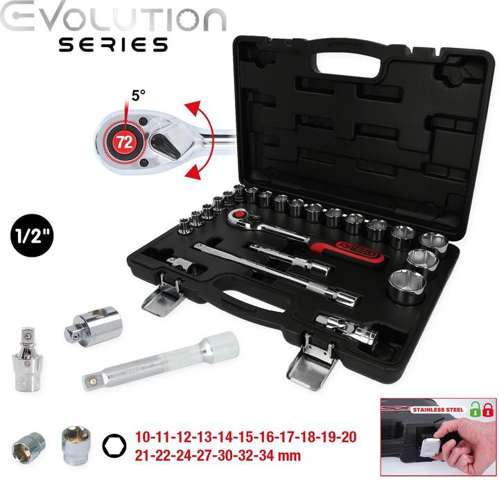 Produktbild KS Tools 1/2" CHROMEplus Steckschlüssel-Satz, 23 Teile, Flank Traction (34 mm, 18 mm, 11 mm, 12 mm, 20 mm, 19 mm, 27 mm, 15 mm, 25 mm, 13 mm, 21 mm, 33 mm, 14 mm, 29 mm, 10  mm, 30 mm, 23 mm, 26 mm, 22 mm, 17 mm, 28 mm, 16 mm, 32 mm, 24 mm, 31 mm)