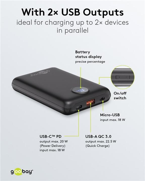 Actual product image Goobay Powerbank compact 10,000 mAh (10000 mAh, 22.50 W, 38.50 Wh)