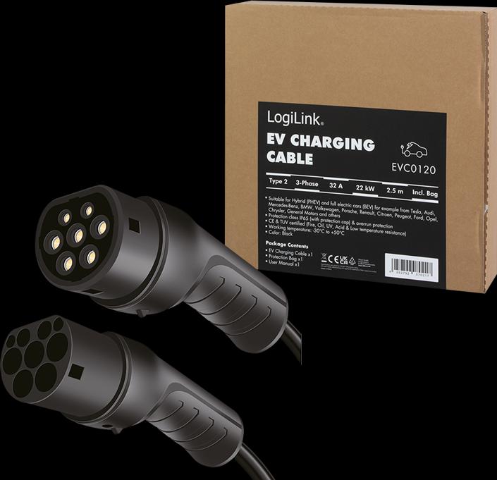 Immagine prodotto LogiLink Cavo di ricarica per auto elettriche (Tipo 2, 22 kW, 42 A, 2.50 m)