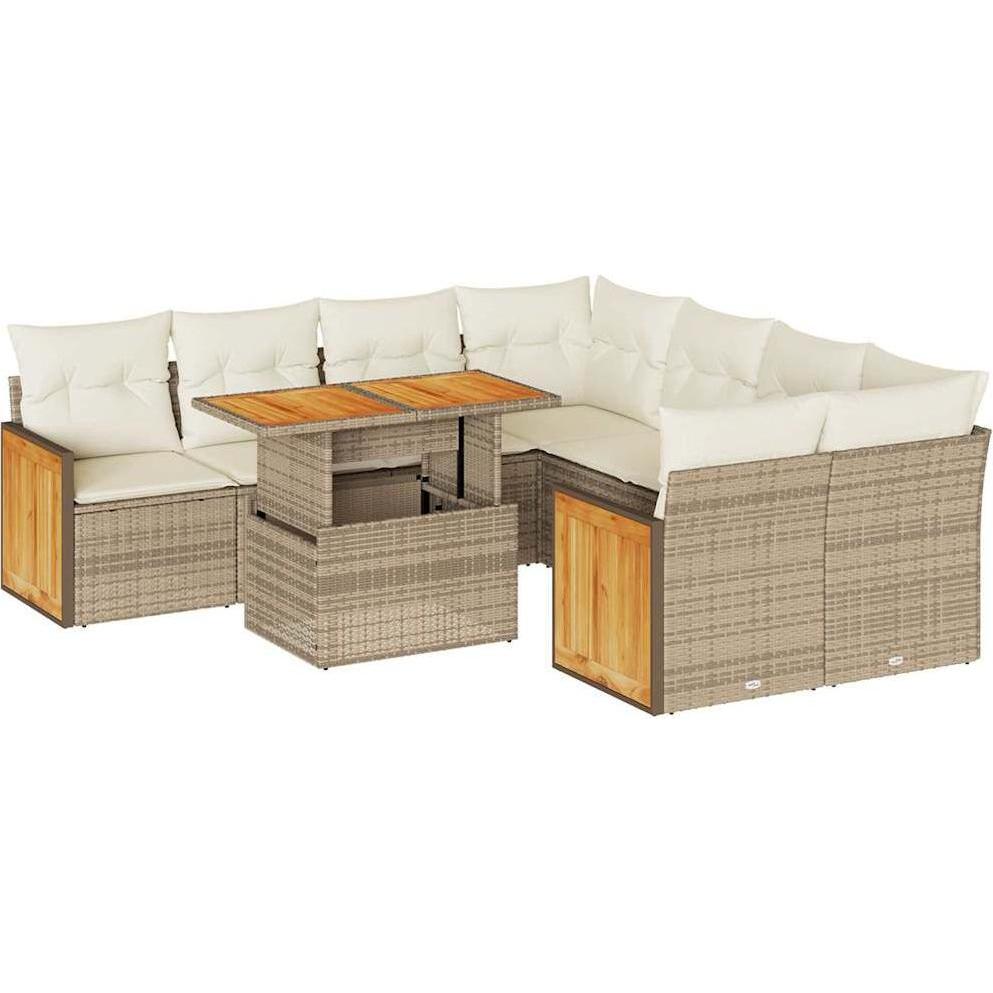 VidaXL, Gartenlounge, 9-tlg. Garten-Sofagarnitur mit Kissen Beige Poly Rattan Akazie