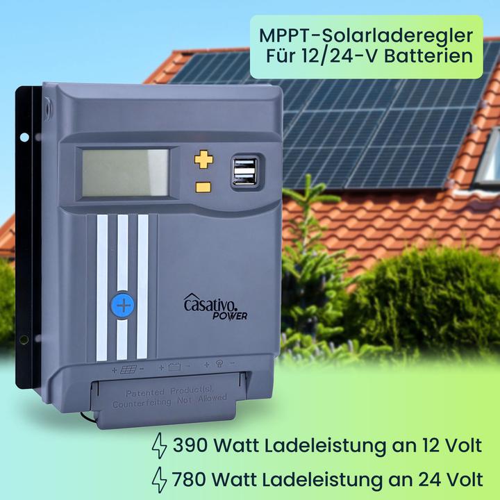 Image du produit Casativo Régulateur de charge solaire MPPT pour batteries 12 V & 24 V, jusqu'à 30 A, écran LCD, ports USB