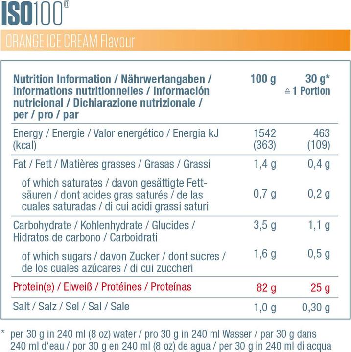 Nährwerte und Zutaten Dymatize ISO 100 (Orange, 1 x, 932 g)