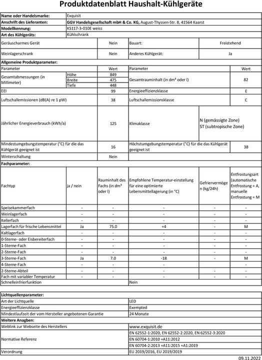 Produktbild Exquisit KS117-3-010E weiss (82 l)