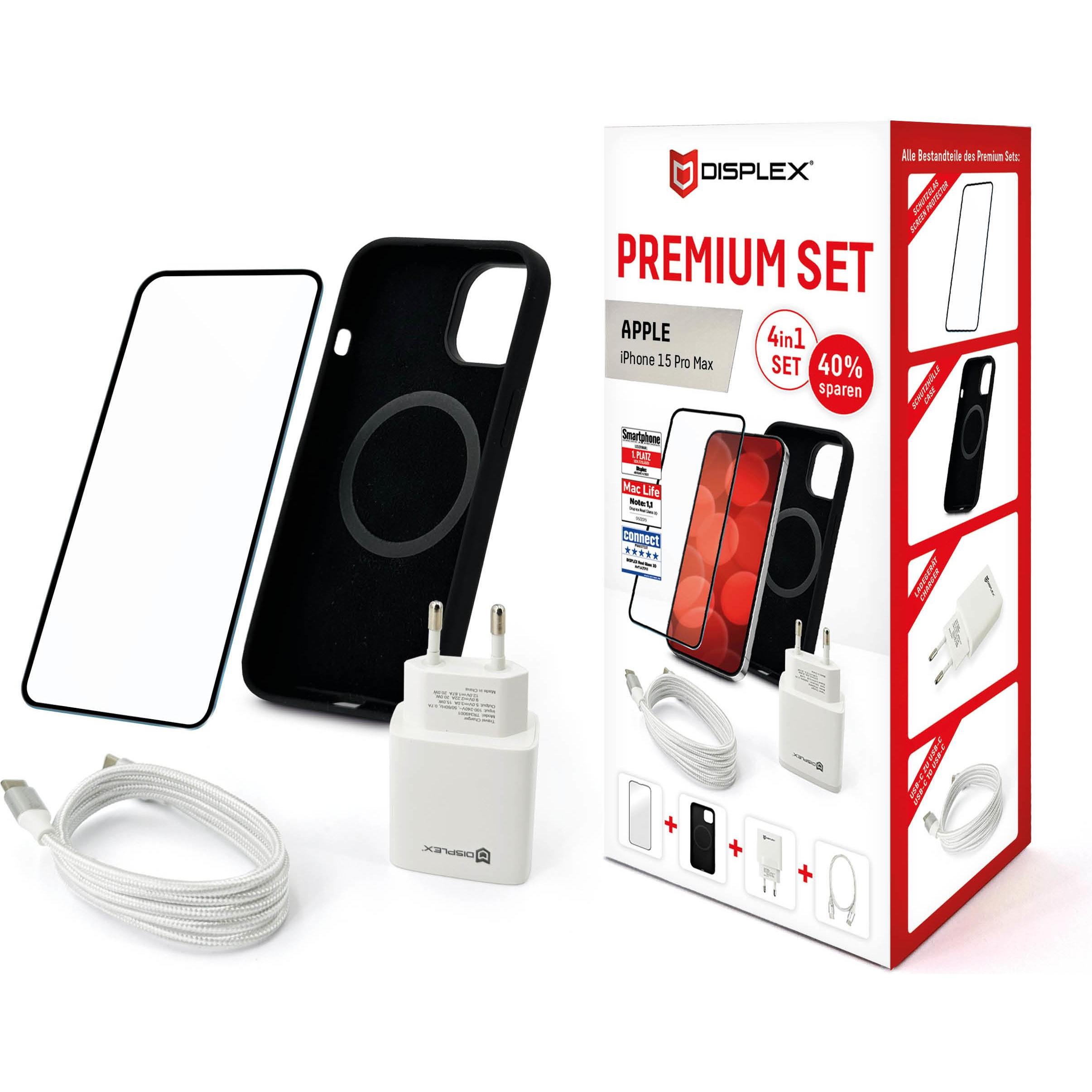 Displex 4 in 1 Premium Set (Full Cover Panzerglas, Schutzhülle, Ladegerät, Ladekabel) (1 Stück, Apple iPhone 15 Pro Max)...