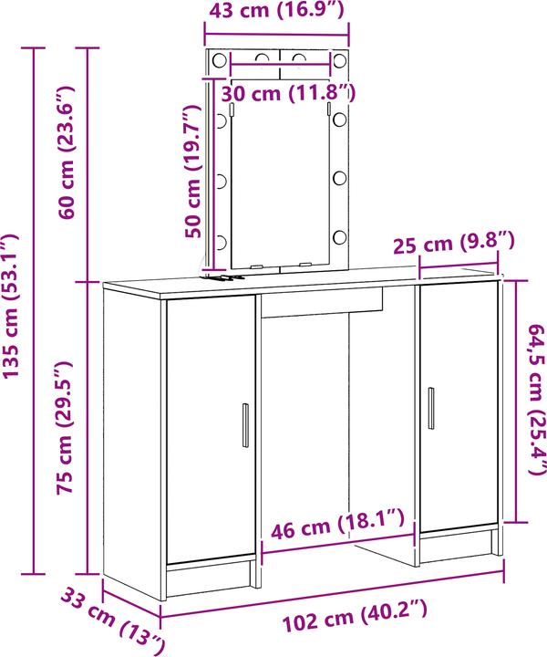 Actual product image vidaXL Schminktisch (33 x 102 x 135 cm)