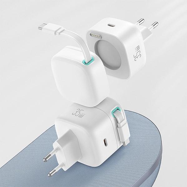 Produktbild Usams Ład. siec. 1xUSB-C ze zwijanym kablem USB-C (only head) PD+QC 35W Gan Fast Charging biały/whit (35 W)