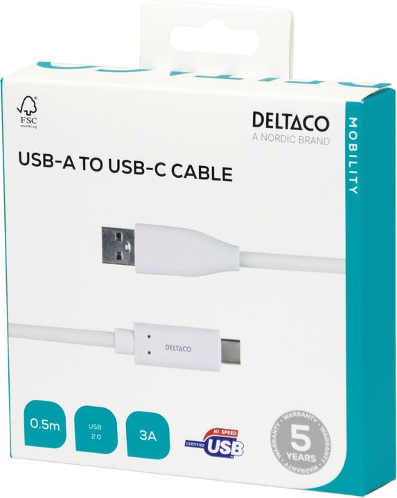 Produktbild Deltaco Kbl USB-C till USB-A 0.5 m 3A USB 2.0 vit (0.50 m, USB 2.0)