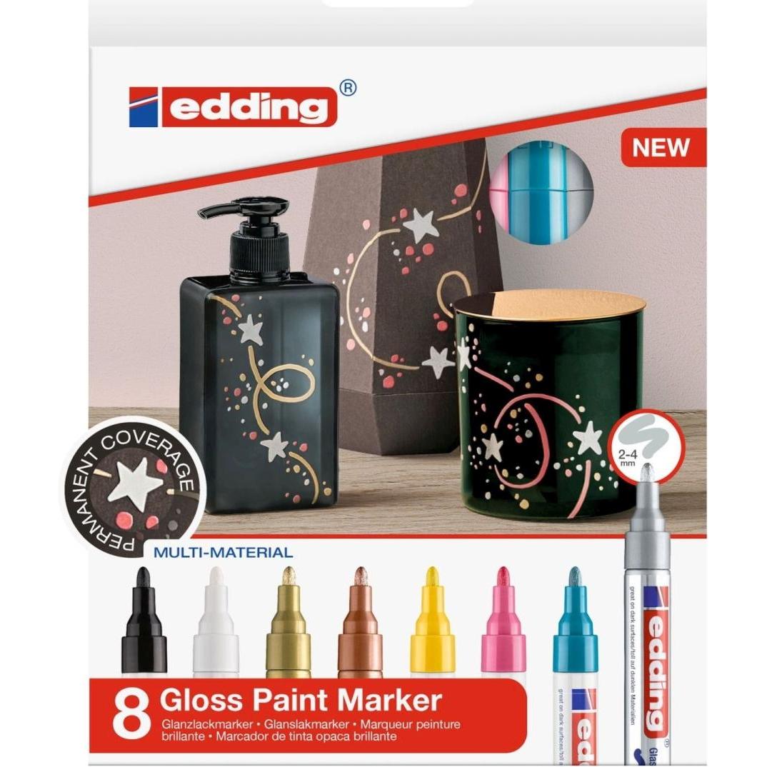 Edding, Marker, Glanzlackmarker (Gelb, Kupfern, Golden, Silbern, Hellblau, Rosa, Weiss, Schwarz, 4 mm, 8 x)