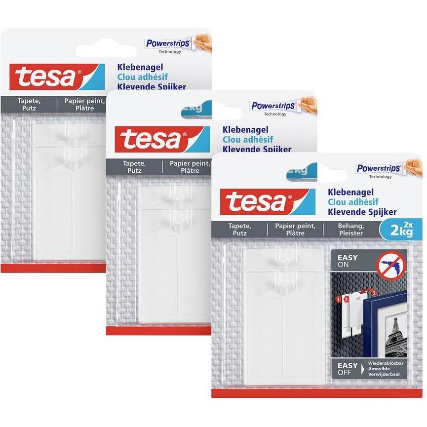 tesa, Klebehaken + Klebenagel, Klebenagel für Tapete & Putz, 2kg Halteleistung, spurlos ablösbar & wiederverwendbar, 6 N...