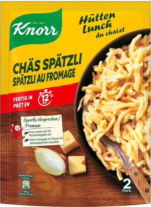 Knorr Hütten Lunch du Chalet Chäs Spätzli Beutel, crèmiger Käse, feinste Spätzli & Schinken, Fertiggericht (180 g)