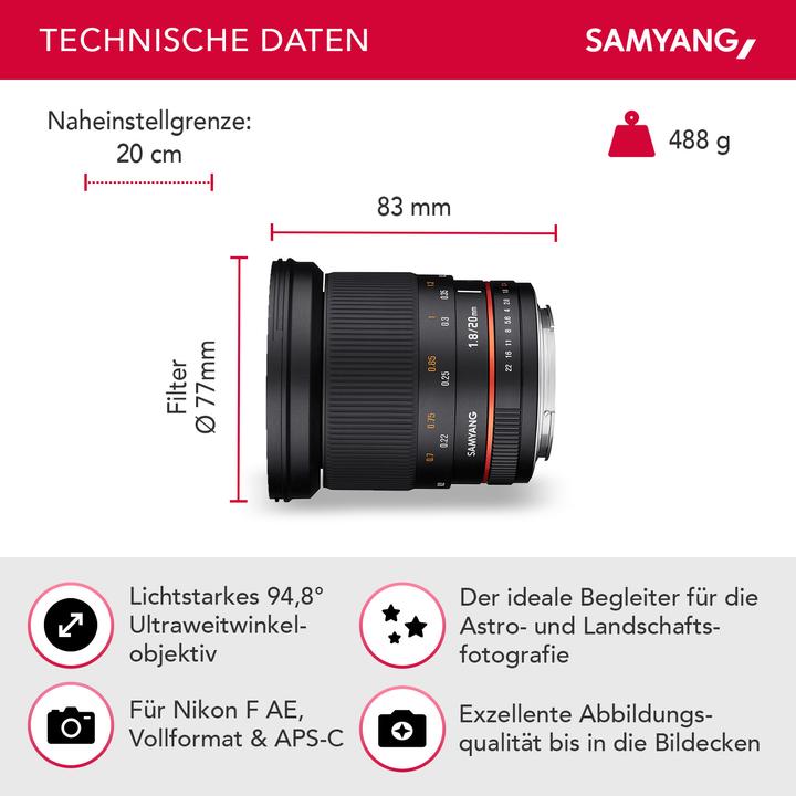 Actual product image Samyang 20mm f/1.8 ED AS UMC - Nikon F (Nikon F, full size)