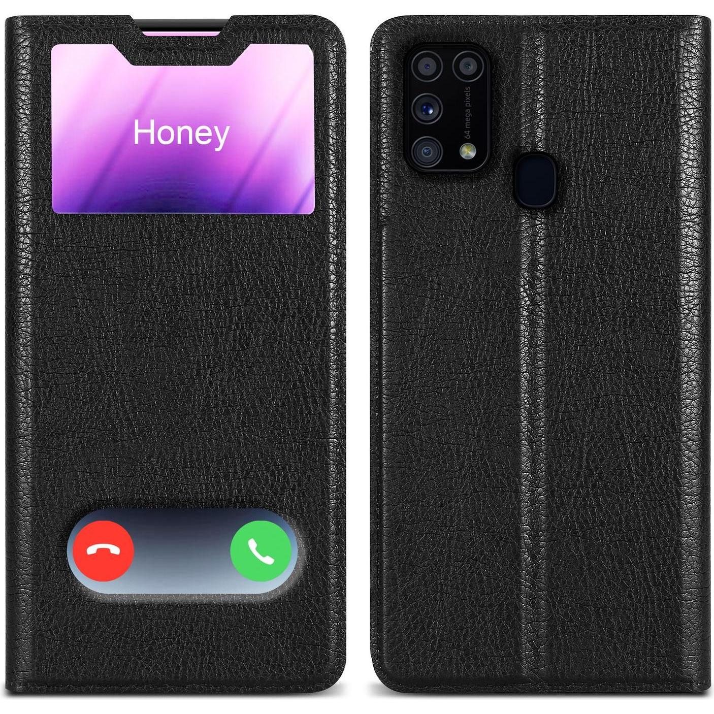 Cadorabo Book Hülle mit Doppelfenster für Samsung Galaxy M31 (Samsung Galaxy M31), Smartphone Hülle, Schwarz