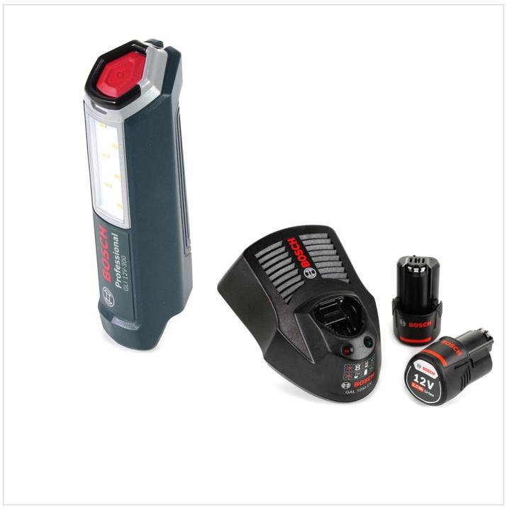 Immagine prodotto Bosch Professional GLI 12V-300 Lampada a batteria + 2x Batterie GBA 12 V 2,0 Ah + Caricabatterie GAL (300 lm)