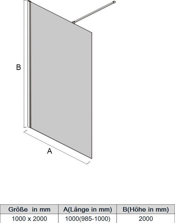 Produktbild SONNI Duschkabine eintürig, rahmenlos, begehbar, NANO behandeltes Glas 100x195 cm (160 cm, 160 cm, 195 cm)