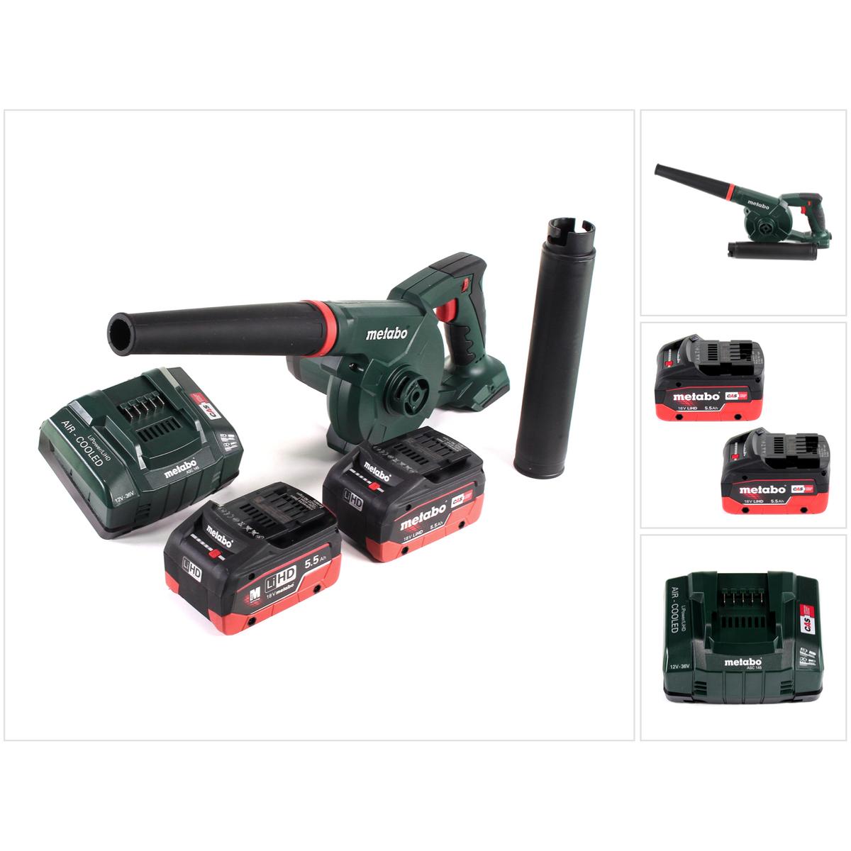 Metabo, Laubsauger + Laubbläser, AG 18 Akku Gebläse 18 V + 2x LiHD Akku 5,5 Ah + Ladegerät (Akkubetrieb, Laubsauger)