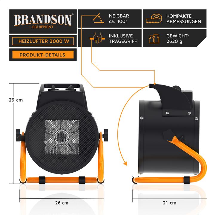Produktbild Brandson Heizlüfter 3000 Watt, 3 kW Heizgebläse, Keramik Elektroheizgebläse für Baustelle, Keramikheizlüfter (3000 W)