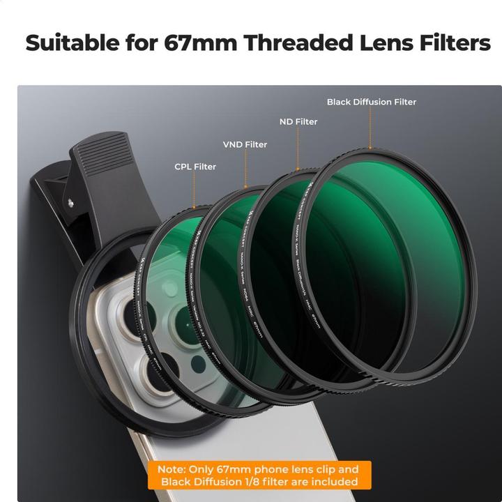 K&F Concept 67mm Universal Type Phone clip, with 67mm Black Mist 1/8 Filter, 18-layer green coated