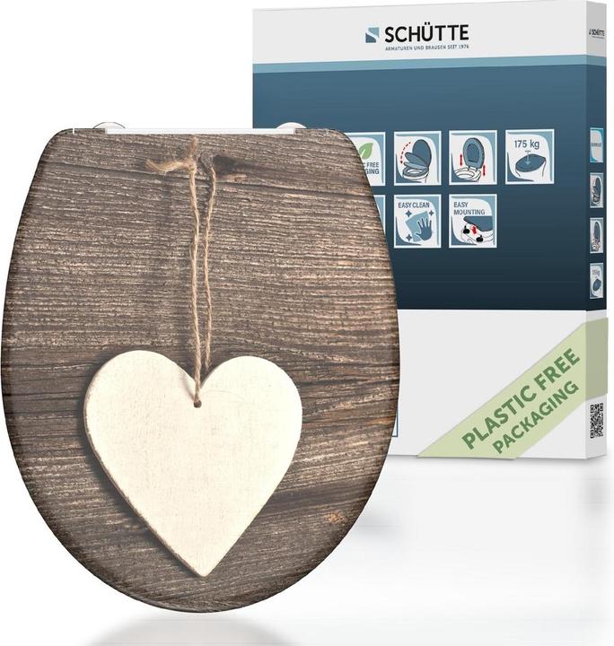 Actual product image Schütte Duroplast toilet seat WOOD HEART soft-close mechanism Quick Release 82377 Heart