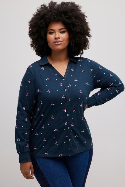 Immagine prodotto Ulla Popken Blusa di jersey con ricami, orlo elastico, colletto da camicia e maniche lunghe (46, 48)