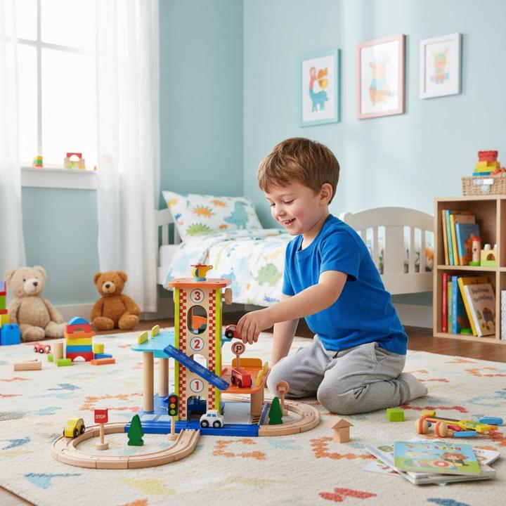 Produktbild Hermex Holz-Parkhaus für Kinder mit Zubehör Parkgarage Spielzeug Spielgarage