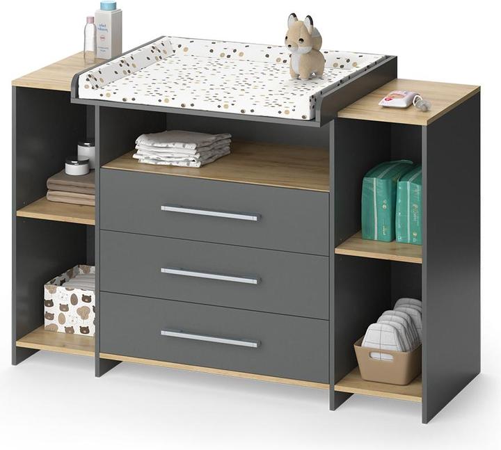 Produktbild Vicco Wickelkommode Oskar, Anthrazit/Goldkraft Eiche, 143.2 x 93 cm mit 3 Schubladen