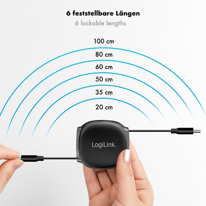 Produktbild LogiLink USB 2.0 Type-C-Kabel, C/M zu C/M, ausziehbar, 480 Mbit/s, 60W, schwarz, 1 m (1 m, USB 2.0, 60 W)