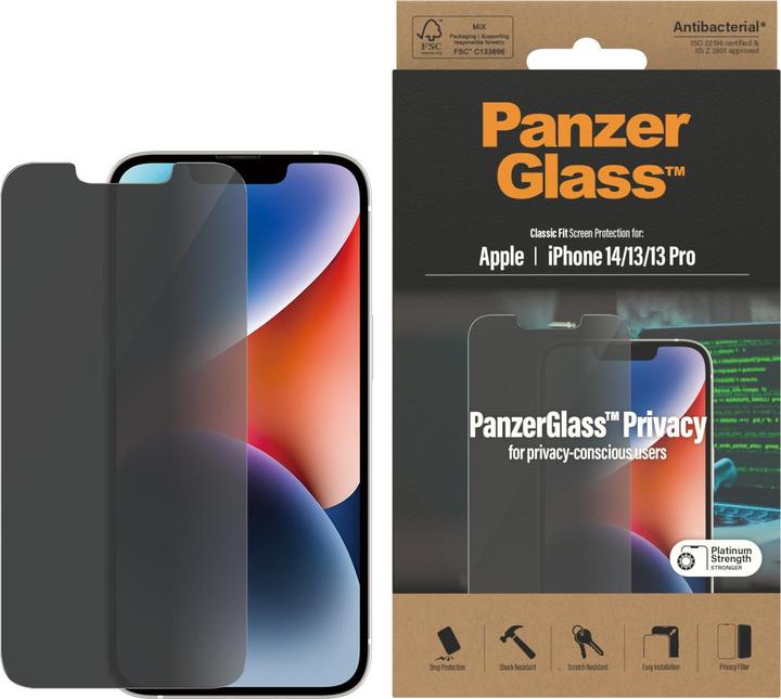 Productafbeelding PanzerGlass Screen Prot. Privacy Classic Fit iP 6.1 Inch 2022 (1 Stuk, Apple iPhone 14, Apple iPhone 13 Pro, Apple iPhone 13)