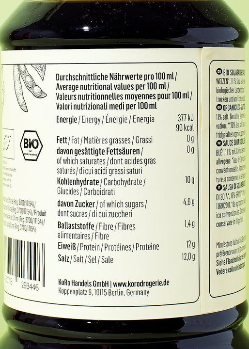 Valori nutrizionali e ingredienti KoRo Salsa di soia biologica a basso contenuto di sale (12 g)