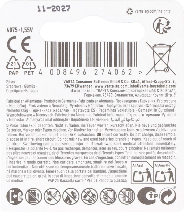 Actual product image Varta Electronics V76PX (1 pcs., SR44, 145 mAh)