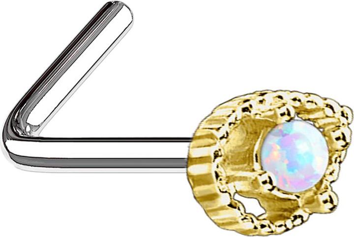 Produktbild Star Piercing Nasenstecker gewinkelt 14k vergoldet Tropfen mit Opal weiss (Messing, Chirurgenstahl 316L)