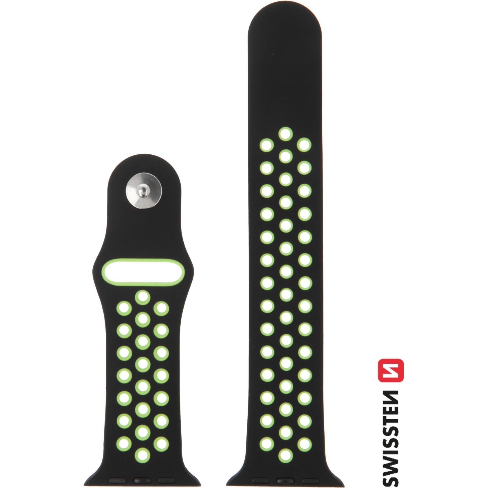 Swissten Silicone Band for Apple Watch - Sport 42/44/45/49 mm Black/Green (Silikon, 3, 4, Apple Watch Series 1, Ultra), ...