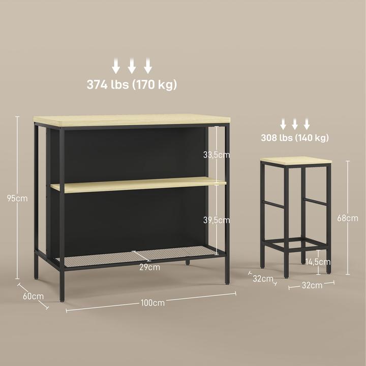 Produktbild Homcom Bartisch mit Barhocker Set MDF, Stahl Eiche (100 x 60 x 95 cm)