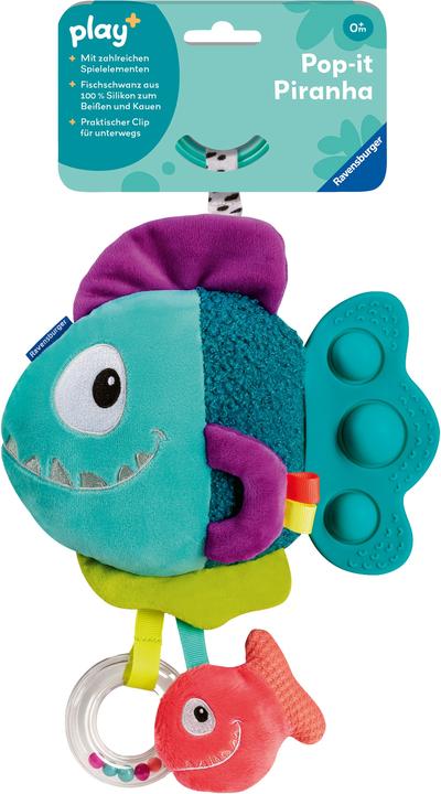 Ravensburger 4876 play+ Pop-it Piranha (blauw), knuffel met veel speeleffecten, babyspeelgoed