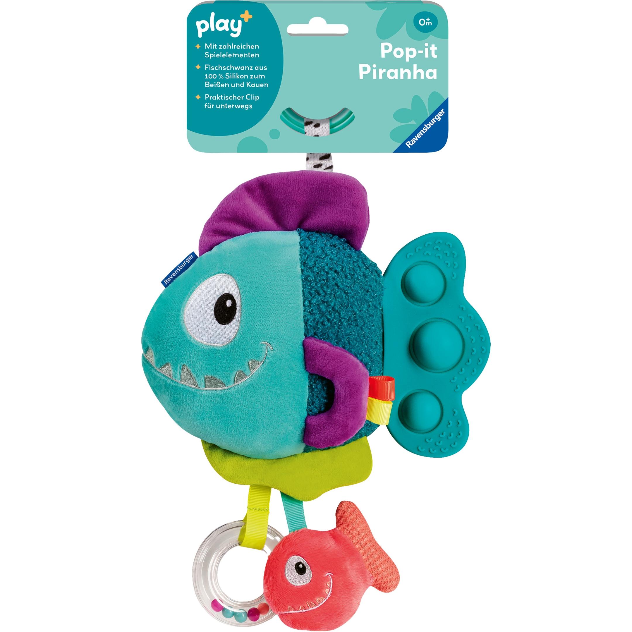 Ravensburger 4876 play+ Pop-it Piranha (blau), Kuscheltier mit vielen Spieleffekten, Baby-Spielzeug (04876)